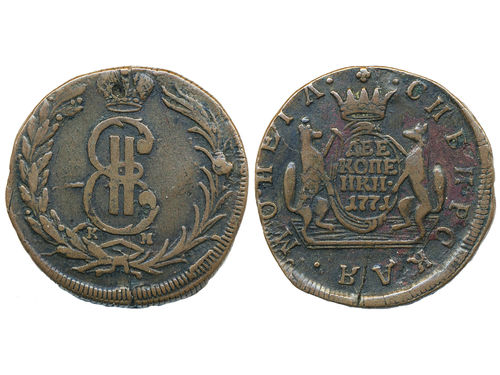 Coins, Russia, Siberia. Catherine II, Bitkin 1106, 2 kopeks 1771. 11.29 g. Suzun mint. VF.