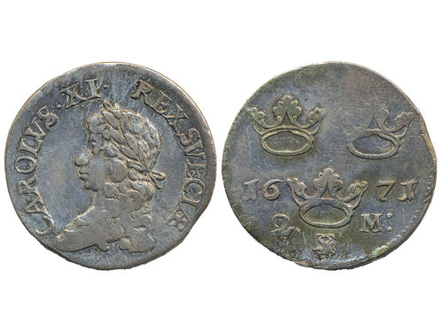 Coins, Sweden. Karl XI, SM 126a, 2 mark 1671. 10.57 g. Stockholm. Minor edge clip from production. SMB 190. 1+.