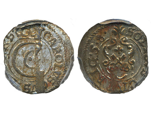 Coins, Swedish possessions, Riga. Karl X Gustav, SB 82, 1 solidus 1658. Graded by PCGS as MS62. SMB 141. 01.
