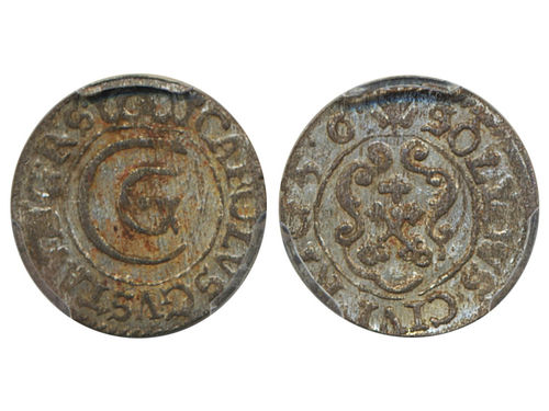 Coins, Swedish possessions, Riga. Karl X Gustav, SB 79, 1 solidus 1656. Graded by PCGS as MS62. SMB 138. 01.