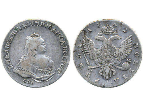 Coins, Russia. Elizabeth, Bitkin 250, 1 rouble 1742. 25.59 g. Plachet crack. VF.