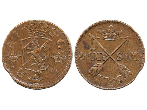 Coins, Sweden. Adolf Fredrik, SM 170, 2 öre SM 1759. 27.27 g. Avesta. Nice example. SMB 167. 1+/01.