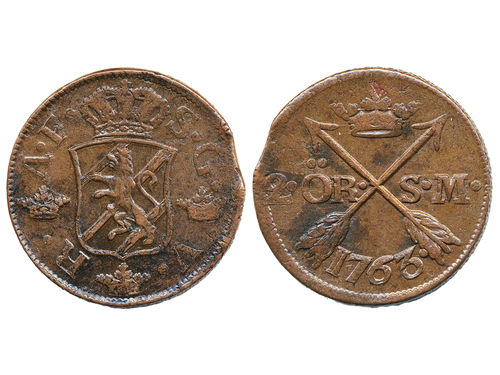Coins, Sweden. Adolf Fredrik, SM 174, 2 öre SM 1763. 27.87 g. Avesta. Stains. SMB 182. 01.
