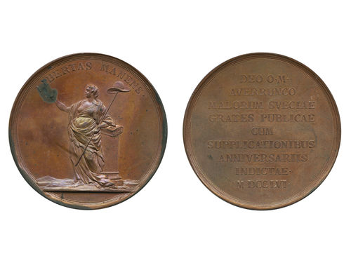 Medals, regal, Sweden. Adolf Fredrik, Hild. 27, Adolf Fredrik, bronze medal, 76 mm, 147.75 g. Engraved by Daniel Fehrman. Issued in 1756 to commemorate the unsuccessful attempt to change constitution to give the King more powers. Obv: LIBERTAS MANENS above Standing Liberty. Rev: 9 lines of text in Latin. Large spot (surface corrosion) in obverse field, also some green colour on part of edge. 01.