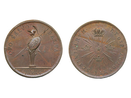 Medals, regal, Sweden. Adolf Fredrik, Hild. 13, Adolf Fredrik, bronze medal 36 mm, 20.07 g. Medal issued for Crown Prince Adolph Fredrik being appointed protector of Royal Academy of Sciences, 17.3.1747. Engraved by Daniel Fehrman. Obv: QVO SALVO SALVA above Troys Palladium. Rev: REGIA ACADEMIA SCIENTIARVM with emblem of rayed star among three crowns and a large Royal crown. Minor verdigris spot on reverse. 01.