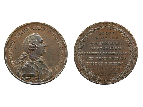 Medals, regal, Sweden. Adolf Fredrik, Hild. 51, Adolf Fredrik, bronze medal, 30 mm, 12.27 g. Death of King Adolf Fredrik, engraved by C.G. Fehrman. 