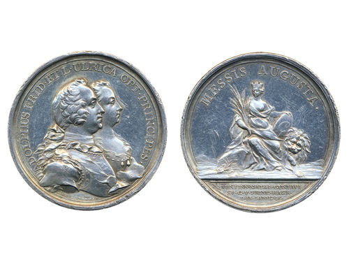 Medals, regal, Sweden. Adolf Fredrik, Hild. 10, Adolf Fredrik, silver medal, 52 mm, 57.52 g. Engraved by Daniel Fehrman, issued in 1746 to commemorate the Birth of Crown Prince Gustav (III). Obv: Portrait of King Adolf Fredrik and Queen Ulrica, facing right. Rev: MESSIS AUGUSTA above seated woman (Svea). Cleaned, tooled in obverse right field. 1+.