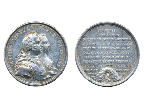 Medals, regal, Sweden. Adolf Fredrik, Hild. 18, Adolf Fredrik, silver medal, 51 mm, 60.01 g. Issued to Crown Prince's visit on 17 November 1750 to Kongl. Bergs Collegium (Royal Swedish Board of Mines). Engraved by Daniel Fehrman. Cleaned. 1+.