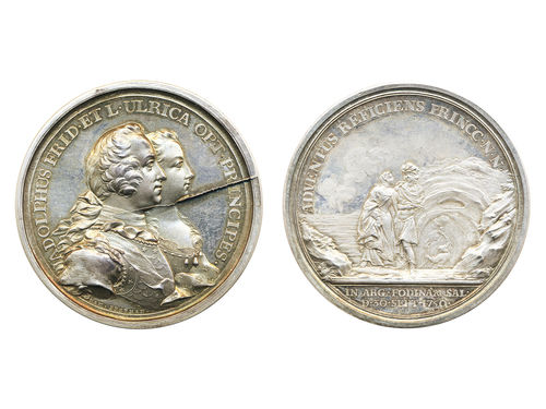 Medals, regal, Sweden. Adolf Fredrik, Hild. 17, Adolf Fredrik, silver medal, 52 mm, 63.14 g. Struck in 1750 to commemorate the visit of Prince Adolf Fredrik and Princess Ulrika to Sala silver mine on 30 September. Superb example with full mint lustre; die crack on obverse. Dated 1938 on edge. 01/0.