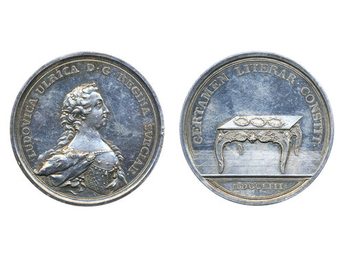 Medals, regal, Sweden. Adolf Fredrik, Hild. 5a, Adolf Fredrik, silver medal, 52 mm, 52.35 g. Medal issued to celebrate Queen Lovisa Ulrika's founding of The Royal Swedish Academy of Letters (Vitterhetsakademien) in 1753. Obv: Bust of Queen Lovisa Ulrika facing right. Rev: CERTAMEN LITERAR CONSTIT above table with three wreaths. Engraved by Daniel Fehrman. Cleaned, obverse a couple of thin scratches. 1+.