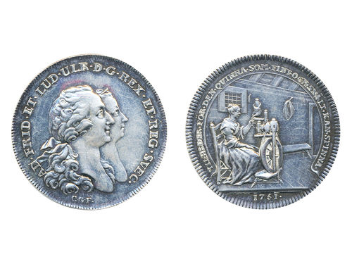 Medals, regal, Sweden. Adolf Fredrik, Hild. -, Adolf Fredrik, silver medal, 34 mm, 11.75 g. Engraved by C. G. Fehrman. Obv: King Adolf Fredrik and Queen Lovisa Ulrika facing right. Rev: TIL HEDER FÖR DEN QVINNA SOM FINT OCH SNÄLT KAN SPINNA. 1751. Depicting seated woman with spinning wheel. Please compare with Hild 56 which is a similar medal engraved by Daniel Fehrman. Scarce, we have been unable to find another example of this medal with engraver signature C.G.F. Polished. 1+/01.