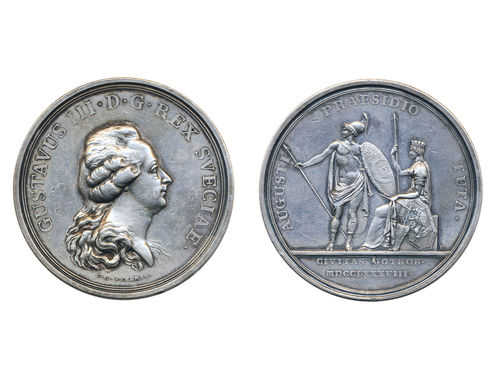 Medals, regal, Sweden. Gustav III, Hild. 72, Gustav III, silver medal, 57 mm, 72.45 g. Obv: Portrait of King Gustav facing right. Rev: AUGUSTI PRAESIDIO TUTA above standing Mars with shield and seated female. Issued to the King saving City of Gotheburg from Danish attack in 1788. Engraved by C.G. Fehrman. Minor handling marks in fields, lightly cleaned. 1+/01.