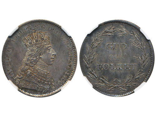 Coins, Sweden. Gustav IV Adolf, SM 45, 1/3 riksdaler (largesse coinage) 1800. Attractive example with appealing lustre, somewhat weakly struck on reverse. Graded by NGC as MS64. SMB 51. 01/0.