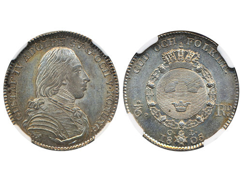 Coins, Sweden. Gustav IV Adolf, SM 40, 1/6 riksdaler 1805. Stockholm. Graded by NGC as MS64. SMB 45. 01/0.