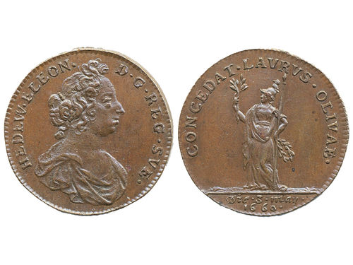 Medals, regal, Sweden. Karl X Gustav, Hyckert 7:2, 1660. 6.65 g, bronze, Hedvig Eleonora. 01.