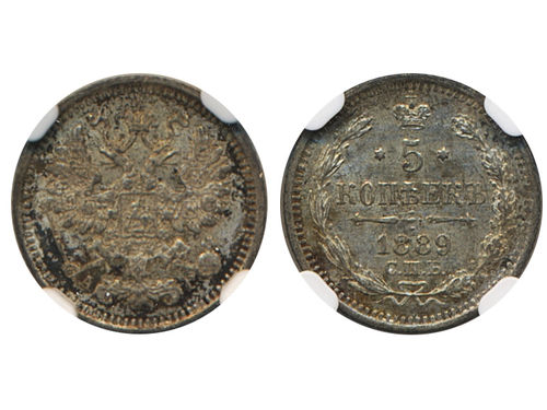 Coins, Russia. Alexander III, Bitkin 149, 5 kopek 1889. Graded by NGC as MS62. XF-UNC.