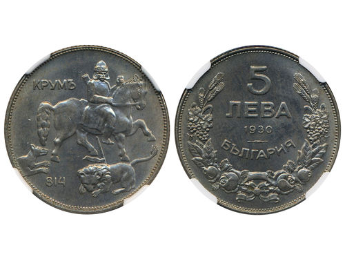 Coins, Bulgaria. Boris III (1918–1943), KM 39, 5 leva 1930. Graded by NGC as MS65. UNC.