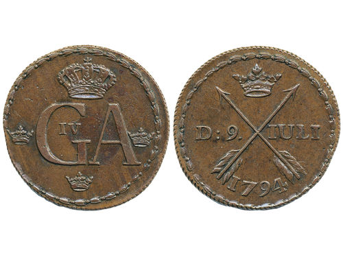 Coins, Sweden. Gustav IV Adolf, SM 67b, ½ skilling 1794. 12.18 g. Avesta. Beautiful example with some glossy brown lustre. SMB 66. 1+/01.