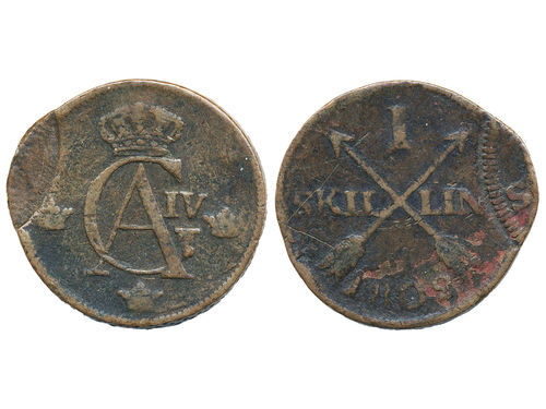 Coins, Sweden. Gustav IV Adolf, SM 46, 1 skilling 1802. 27.09 g. Stockholm. Mint error – double striking. Minor corrosion on reverse. SMB 54. 1?