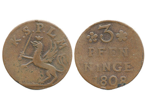 Coins, Swedish possessions, Pomerania. Gustav IV Adolf, SB 269, 3 pfennige 1808. 2.52 g. Stralsund. Scarce date. R. 1/1+.