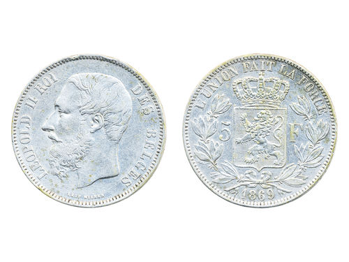 Coins, Belgium. Leopold II, KM 24, 5 francs 1869. 24.89 g. VF.
