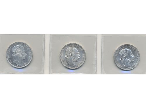 Coins, Austria. Small lot with two 1 florins Austria and one 1 forint Hungary, 1863–1884. XF.