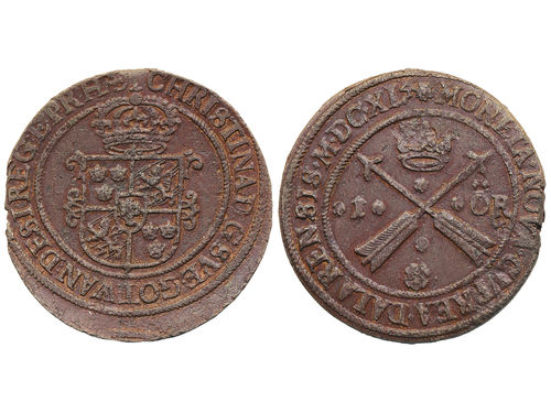 Coins, Sweden. Kristina, SM 118c, 1 öre 1644. 53.88 g. Avesta. Date with Arabic 4. Scarce variety. Superb example with good strike and razor sharp edges. Obverse shows minimal traces of corrosion, mentioned only for accuracy. The reverse shows die lines indicative of the exceptional quality of the piece. ST 44-A3. SMB 197. 01/0.