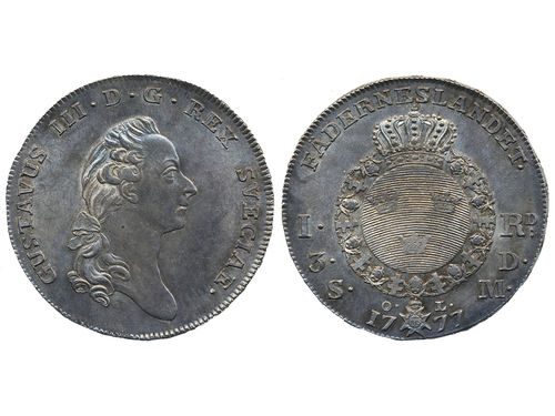 Coins, Sweden. Gustav III, SM 44, 1 riksdaler (3 daler silvermynt) 1777. 29.33 g. Stockholm. A wonderful mint state specimen, strongly struck on a perfect planchet and with a light natural original patina. Certainly among the best existing. SMB 14. 01/0.