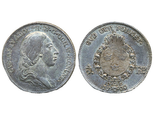 Coins, Sweden. Gustav IV Adolf, SM 34, 1/6 riksdaler 1799. 6.26 g. Stockholm. One year type. An exceptional specimen with strong strike, pronouncing superb hair details on a fine planchet and showing sublime lustre of freshness beneath the very light original patina. No adjustment marks! This total quality exceeds the recently auctioned Ekström specimen, thus being a likely candidate for among best known. SMB 37. 01/0.
