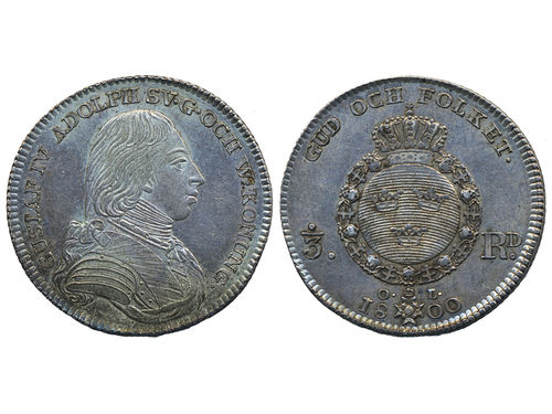Coins, Sweden. Gustav IV Adolf, SM 33, 1/3 riksdaler 1800. 9.79 g. Stockholm. A superb specimen with perfect strike and elegant look further enhanched with light patina. A delight for a type collector! SMB 36. 01/0)(01.