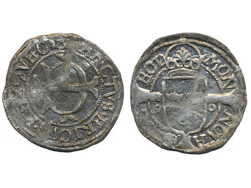 Coins, Sweden. Johan III, SM 89b, 1 örtug 1590. 0.92 g. Stockholm. Omvänt E. A high grade specimen with excellent strike, only a few minor areas of weakness can be observed. Great silver lustre, a pleasant type coin! SMB 107. 01.
