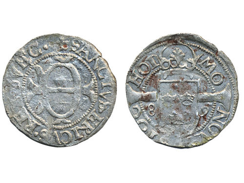 Coins, Sweden. Johan III, SM 88a, 1 örtug 1589. 0.96 g. Stockholm. Reversed E. A fresh and well struck specimen, a few spots. SMB 105. 01.