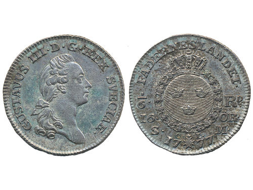 Coins, Sweden. Gustav III, SM 77, 1/6 riksdaler (16 öre) 1777. 6.05 g. Stockholm. Some obverse verdigris. SMB 65. 1+/01.