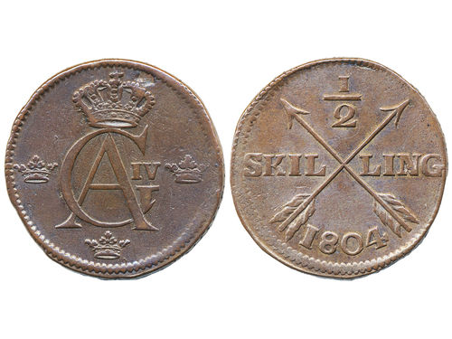 Coins, Sweden. Gustav IV Adolf, SM 54, ½ skilling 1804. 13.04 g. Avesta. Key date. Minor obverse planchet flaw, lightly cleaned. SMB 76. 1+.