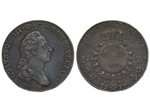 Coins, Sweden. Gustav III, SM 44, 1 riksdaler (3 daler silvermynt) 1777. 29.19 g. Stockholm. Diagonal scratch, corrision spot and verdigris on obverse. SMB 14. 1+.