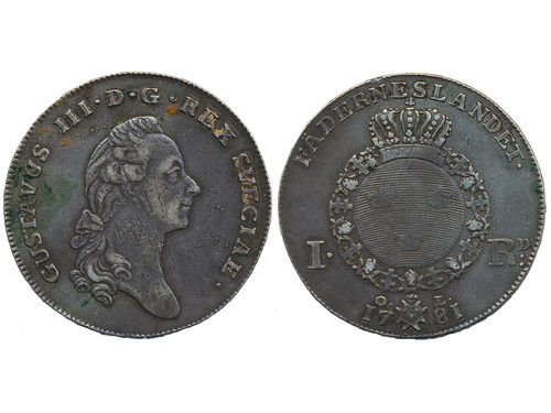 Coins, Sweden. Gustav III, SM 47b, 1 riksdaler 1781. 29.00 g. Stockholm. Corrosion spot and verdigris on obverse. Scratches. SMB 21. 1/1+.