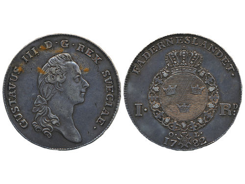 Coins, Sweden. Gustav III, SM 48, 1 riksdaler 1782. 29.16 g. Stockholm. Corrosion spots on obverse. Adjustment marks on reverse. SMB 22. 1/1+.