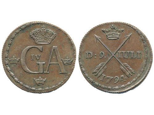Coins, Sweden. Gustav IV Adolf, SM 67b, ½ skilling 1794. 12.13 g. Avesta. SMB 66. 1+/01.