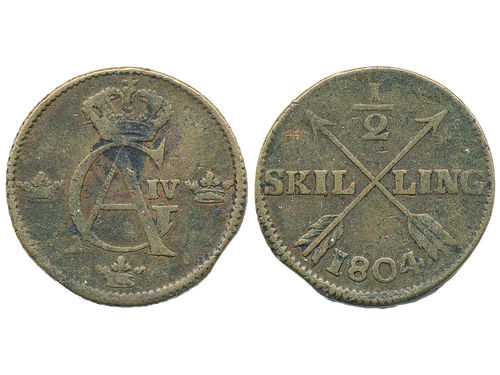 Coins, Sweden. Gustav IV Adolf, SM 55, ½ skilling 1804. 1.65 g. Avesta. SMB 76. 1.