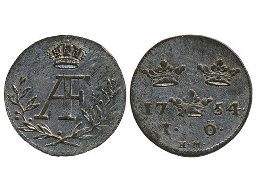 Coins, Sweden. Adolf Fredrik, SM 115, 1 öre 1754. 0.98 g. Stockholm. SMB 104. 1+/01.