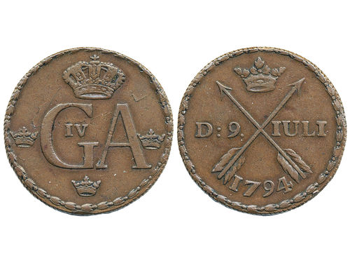 Coins, Sweden. Gustav IV Adolf, SM 67b, ½ skilling 1794. 12.02 g. Avesta. SMB 66. 1+.