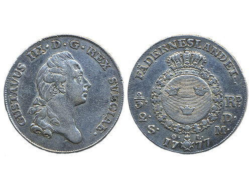 Coins, Sweden. Gustav III, SM 56, 2/3 riksdaler (2 daler silvermynt) 1777. 19.33 g. Stockholm. Lightly cleaned. SMB 38. 1/1+.