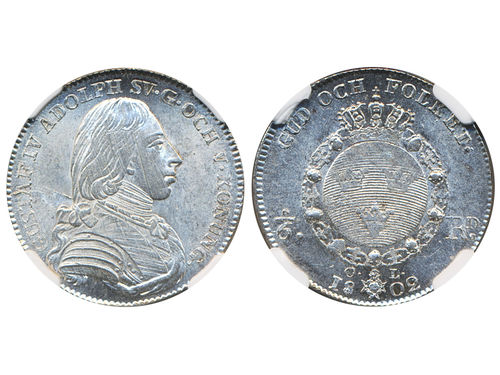 Coins, Sweden. Gustav IV Adolf, SM 37, 1/6 riksdaler 1802. Stockholm. Beautiful lustrous example, some obverse adjustment marks. Graded by NGC as MS64. SMB 40. 01/0.
