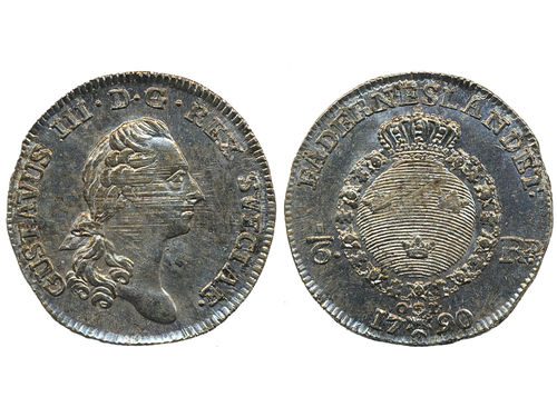 Coins, Sweden. Gustav III, SM 88, 1/6 riksdaler 1790. 6.19 g. Stockholm. Beautiful example with much lustre, minor adjustment marks. SMB 81. 01.