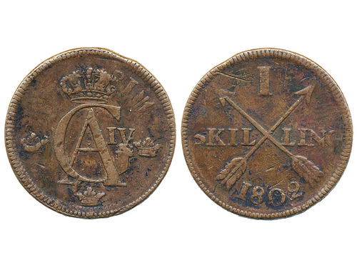 Coins, Sweden. Gustav IV Adolf, SM 46, 1 skilling 1802. 28.56 g. Stockholm. Interesting example overstruck on 1 skilling 1802 (!). SMB 54. 1/1+.