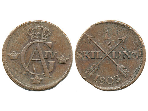 Coins, Sweden. Gustav IV Adolf, SM 47, 1 skilling 1803. 26.28 g. Stockholm. SMB 56. 1+.