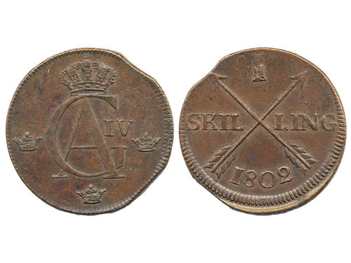 Coins, Sweden. Gustav IV Adolf, SM 46, 1 skilling 1802. 28.08 g. Stockholm. Attractive well struck example. Two edge clips from production. SMB 54. 1+/01.