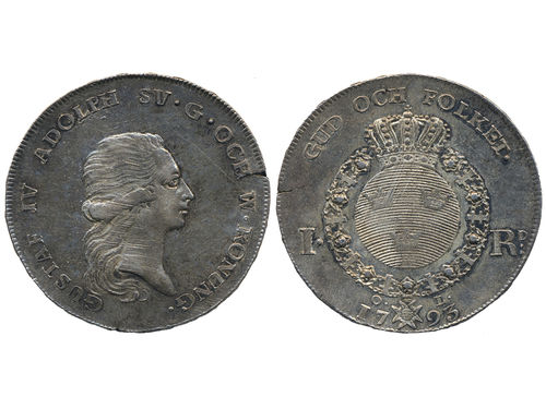 Coins, Sweden. Gustav IV Adolf, SM 22, 1 riksdaler 1793. 29.17 g. Stockholm. Adjustment marks on reverse, planchet crack at right. SMB 5. 01.