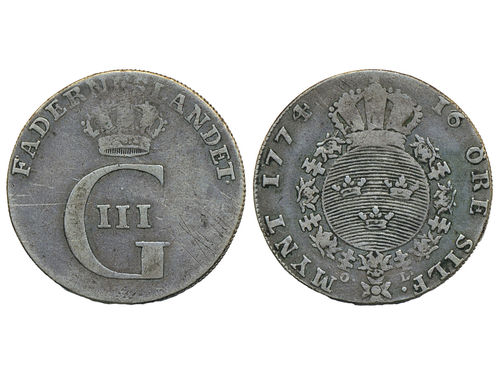 Coins, Sweden. Gustav III, SM 75, 16 öre (1/6 riksdaler) 1774. 6.15 g. Stockholm. SMB 63. 1/1+.