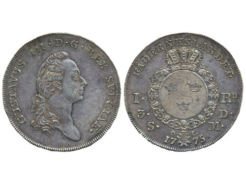 Coins, Sweden. Gustav III, SM 42, 1 riksdaler (3 daler silvermynt) 1775. 29.51 g. Stockholm. SMB 10. 1+.